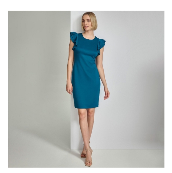 Andrew Marc Ruffle Sleeve Sheath Dress Color: Cypress, Size: 14 EUC - Picture 3 of 13